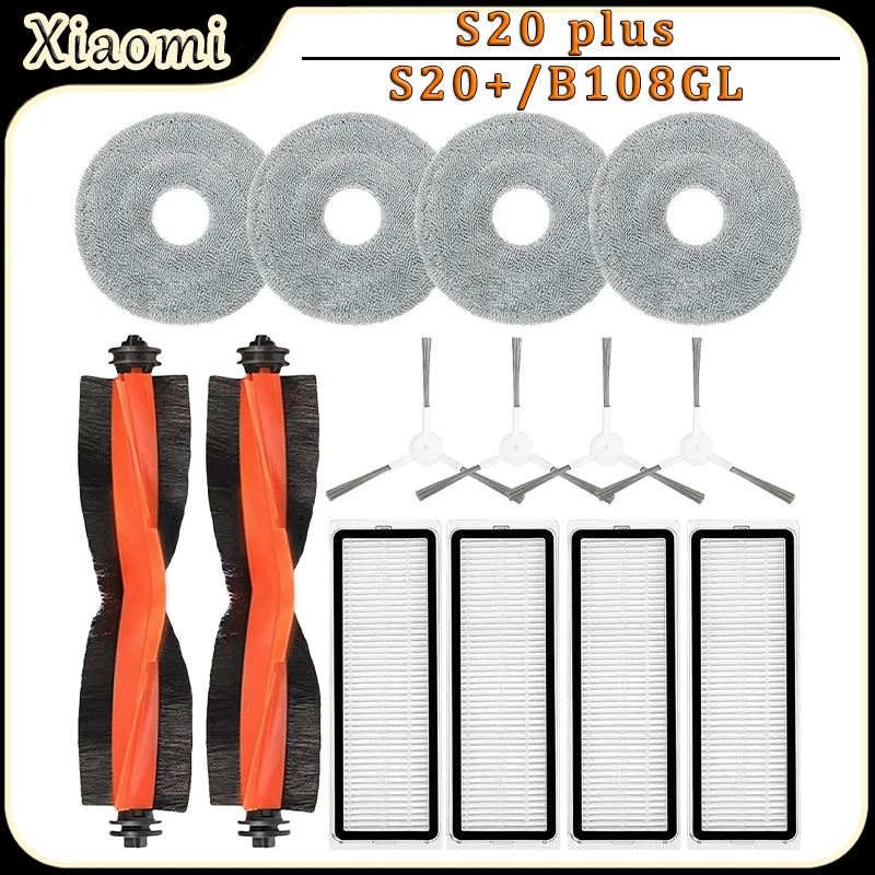 Kit de acessórios para aspirador de pó robô Xiaomi S20 plus/S20+/B108GL, escova principal, filtro HEPA, pano de limpeza, escova lateral, peças de reposição