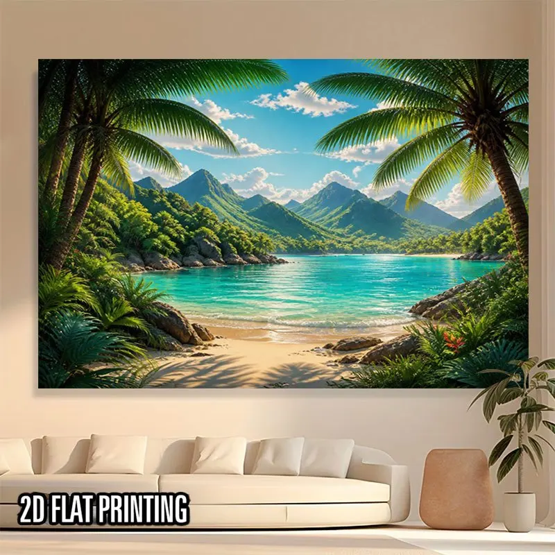Vibrant Tropical Beach Paradise Landscape Wall Art - Stunning Coastal View with Palm Trees and Blue Sky