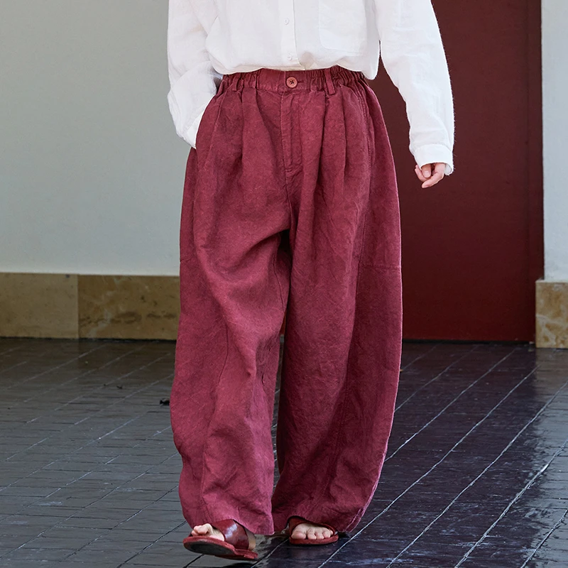 

100% льняные женские повседневные брюки, Новое поступление, осень 2022, винтажный стиль, однотонные свободные женские широкие брюки с высокой талией M1947