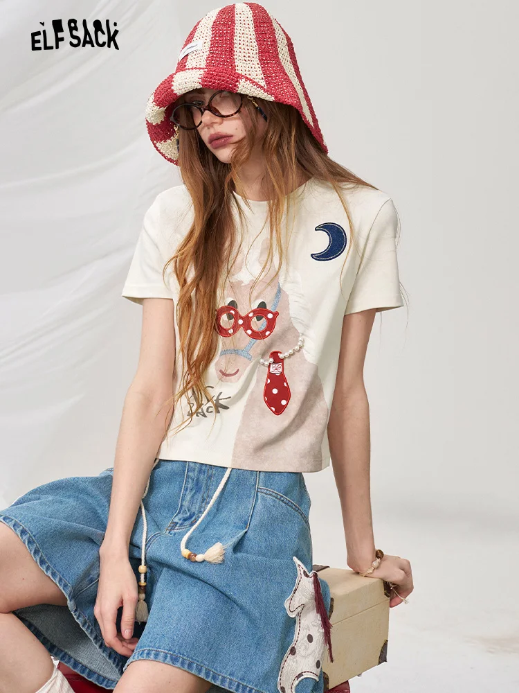 

Женская футболка Elf Sack с коротким рукавом, с объемной вышивкой, приталенная, летний топ для города и повседневной носки, с круглым вырезом, укороченная