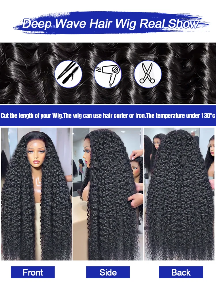 40 42 Inch Jerry Afro Curly Wig Lace Closure Wigs Voluminous Water Wave HD Transparent Lace Front Human Hair Wigs Wet and Wavy Glueless Wigs Remy 300% High Density Original Vietnamese Raw Virgin Loose image 6