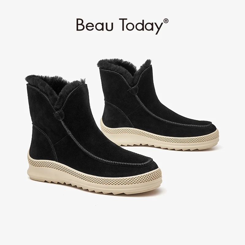 

BeauToday Ankle Snow Boots For Women Cow Suede Leather With Warm Lining Round Toe Platform Ladies Shoes Winter Handmade C08033