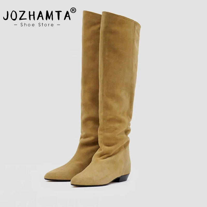 JOZHAMTA Size 34-43 Women Ankle Boots Ruched Real Leather Vintage Chunky Heels Shoes Winter 2025 Knee High Booties Casual Office