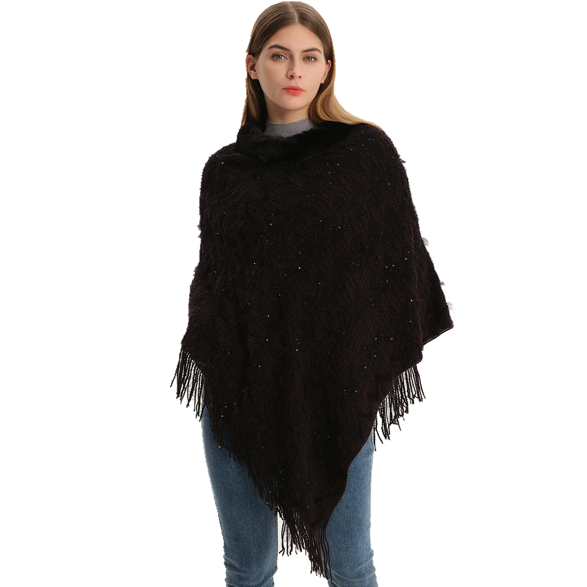 Spring Autumn Sequin Pullover Imitation Wool Collar Shawl Knitted Cloak Fashionable Casual Poncho Lady Capes Gray Cloaks