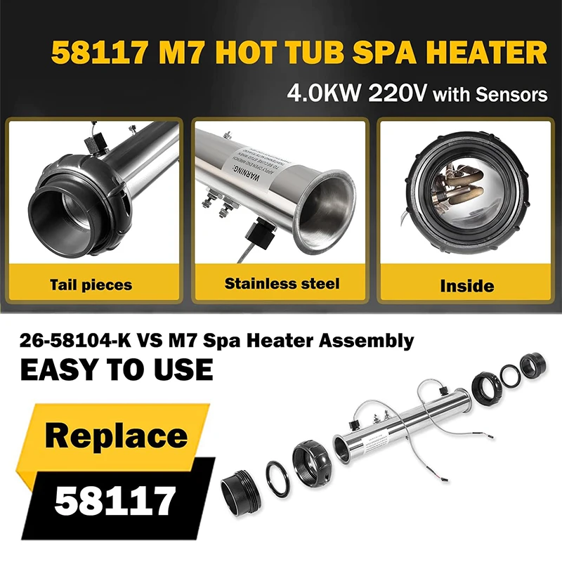 58117 M-7 Hot Tub Spa Heater Assembly Compatible with Balboa VS, EL,TS,GS,BP Control Systems, 4.0 KW 220V 26-58104-K with Sensor