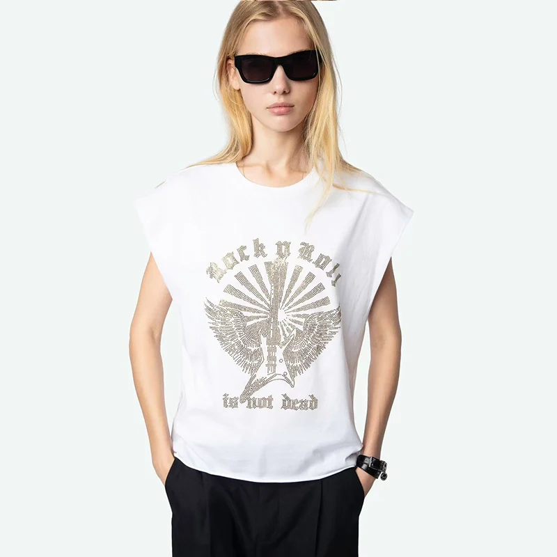 Luźna koszulka bawełniana damska na lato i wiosnę, okrągły dekolt, zdobiona diamentami, podstawowy krój, młodzieżowy top.