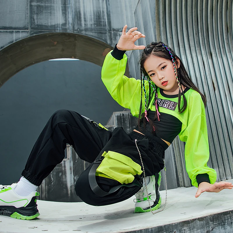 Top gilet nero pantaloni Cargo Street Dance Performance Wear bambini vestiti Hip Hop ragazze Jazz Dance Costume Neon Green Crop