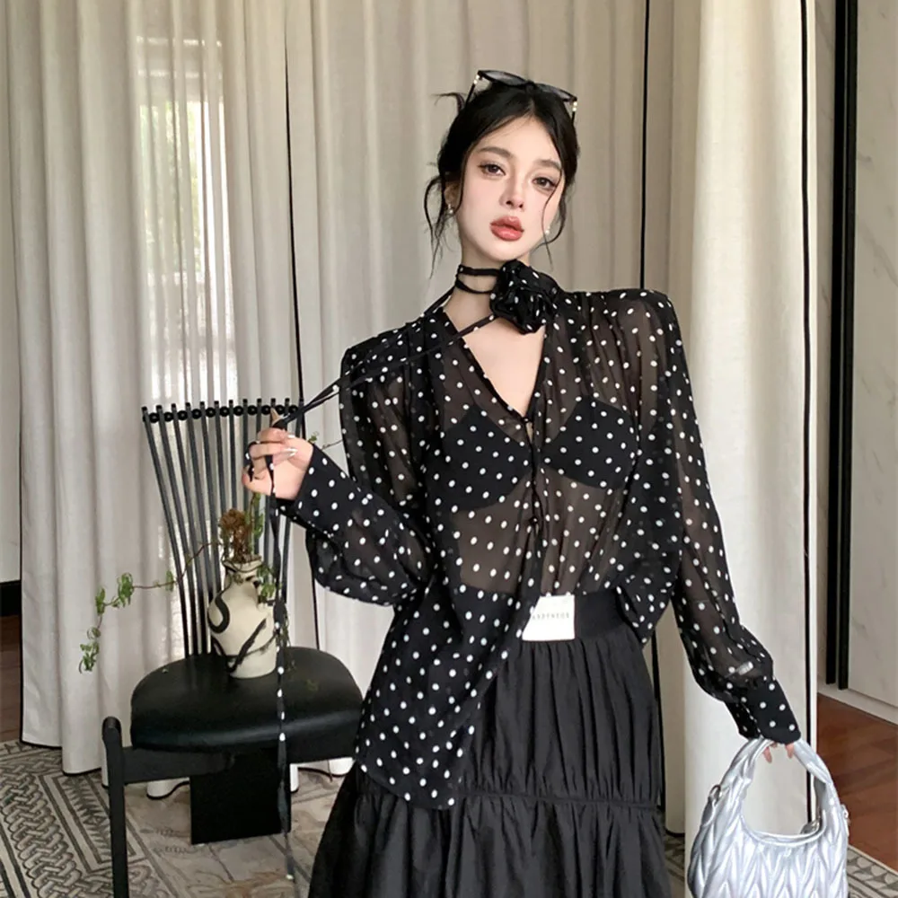 

French Style Vintage Polka Dot Shirt Women's Summer Elegant Lace-up V-neck Long Sleeve Blouse Ladies Black Oversize Tops Blusa