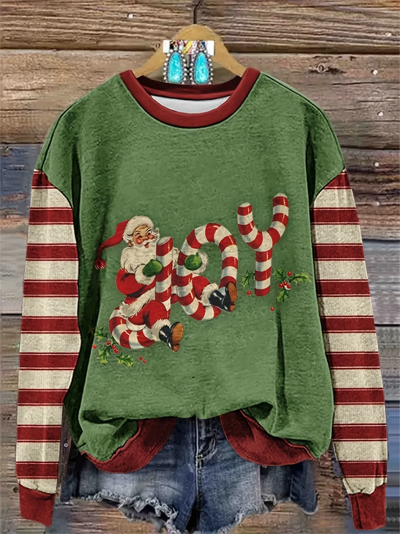 Women Round Neck Long Sleeve T‑Shirt Vintage Santa Claus Joy Candy Cane Print Festive Holiday Casual Party Top Women's Clothes