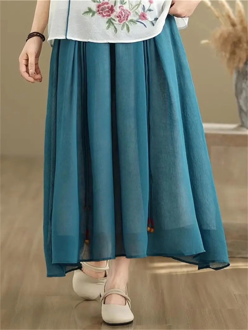 Bohemian Artistic Maxiกระโปรง 2025 - ผู้หญิงฤดูร้อนRamieกระโปรงสองชั้น,พู่Trim Big Swingขนาดใหญ่ขนาดG542