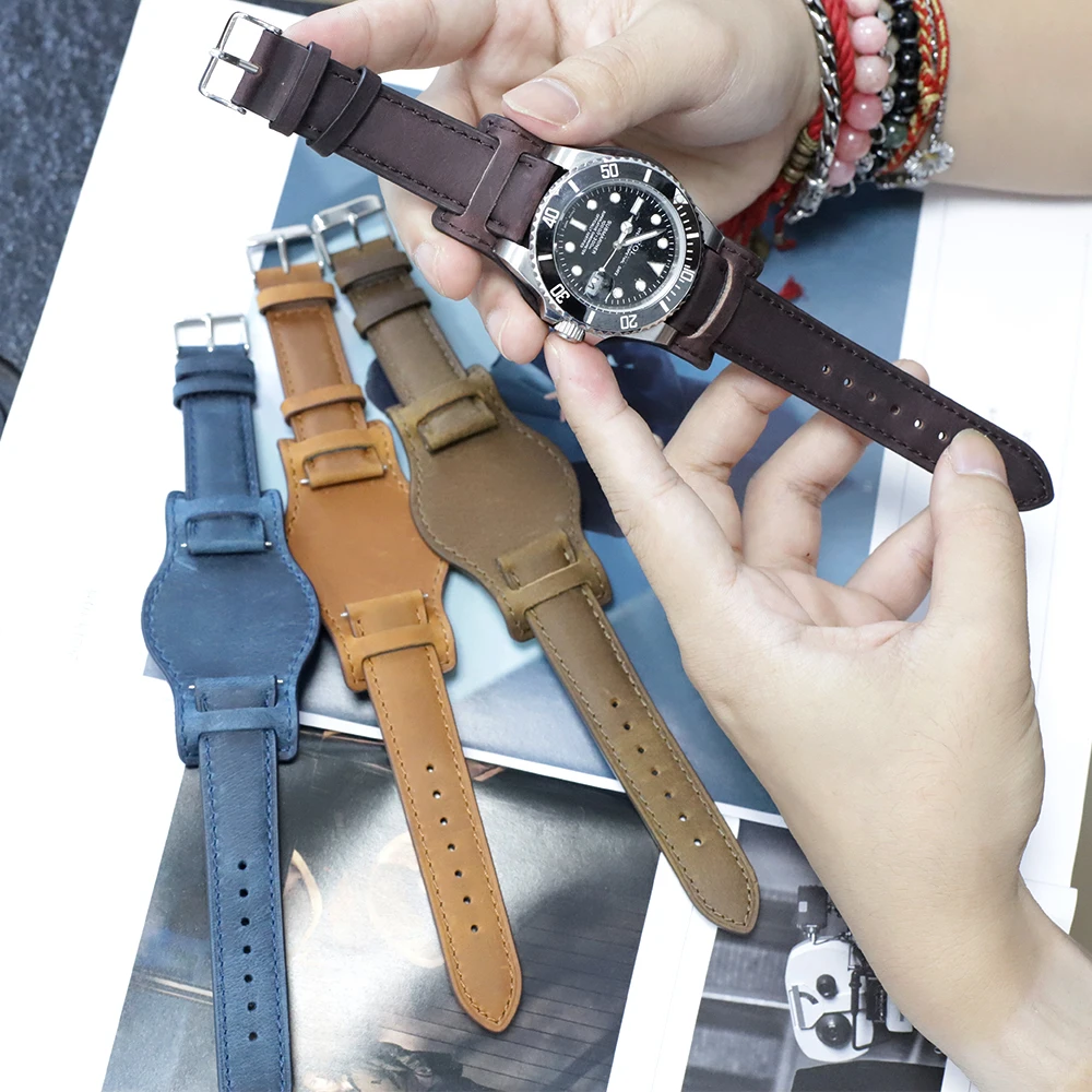 Genuine Leather Watchband 18mm 19mm 20mm 21mm 22mm Watch Strap Men Wristband with Mat Handmade Crazy Horse Leather Bracelet