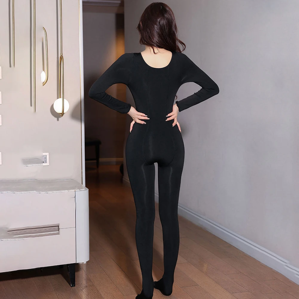 Playsuit Women Bodystocking Elastic Long Sleeve Open Crotch Solid Color Bodysuit Crew-Neck Full Body High Elasticity