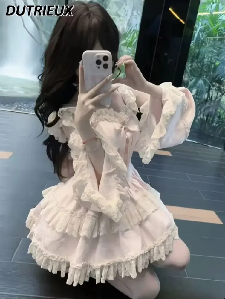 الخريف لطيف الرياح الحلو بناتي لوليتا القوس كشكش كم فستان لطيف الدانتيل الربط عالية الخصر كعكة منتفخ فساتين قصيرة #6