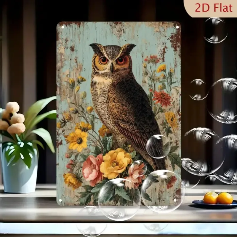 Vintage Owl Aluminum Sign - Floral Background Country Farmhouse Decor - Easy To Hang - Home Bar Cafe Garage Indoor