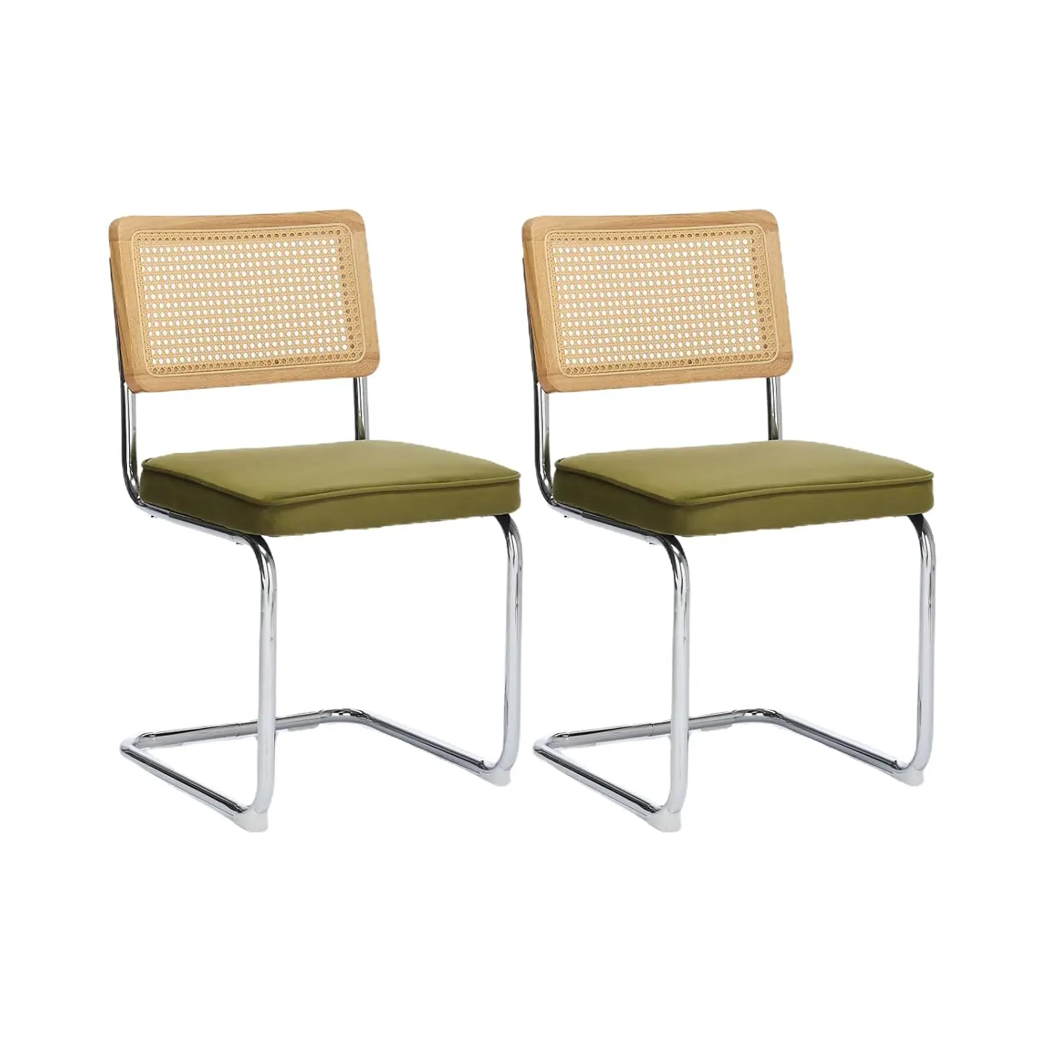 

Комплект из 2 обеденных стульев в стиле середины века, с вельветовой обивкой, плетеной спинкой, хромированным основанием, без подлокотников, для кухни, цвет оливковый, на заказ