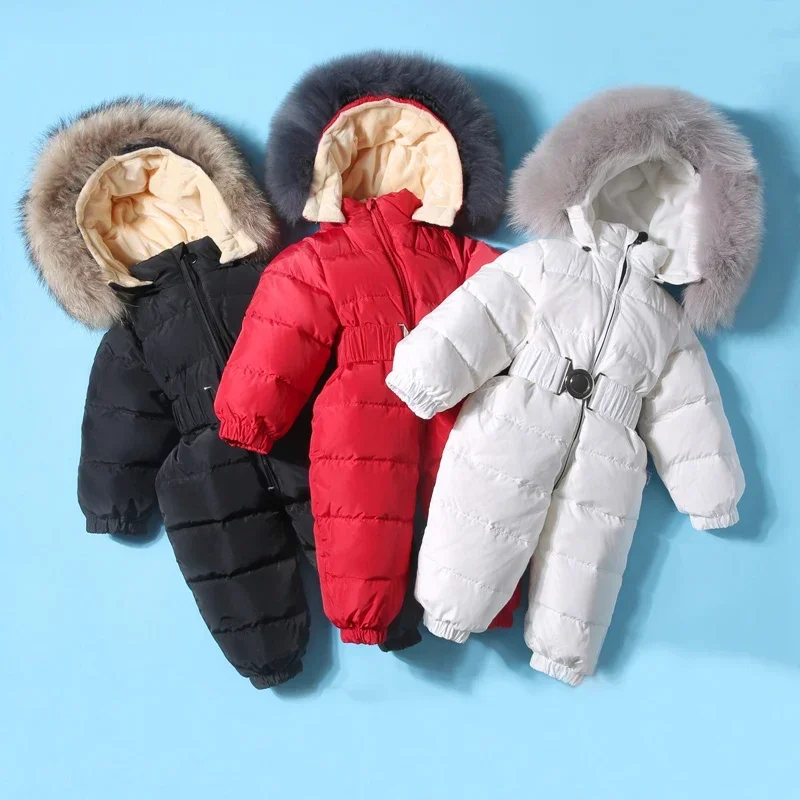 Kids Baby White Duck Down Snowsuit Winter Children Clothes Outwear Real Fur Toddler Boys Girls Jumpsuit Romper Thick Down Coat