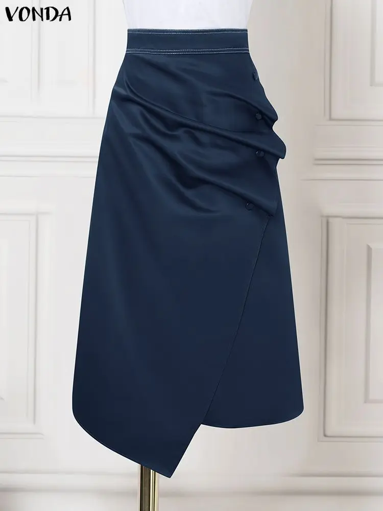 Faldas de satén de talla grande VONDA elegantes para mujer, Faldas plisadas asimétricas con botones de cintura alta, Faldas largas lisas a la moda Saia 5XL