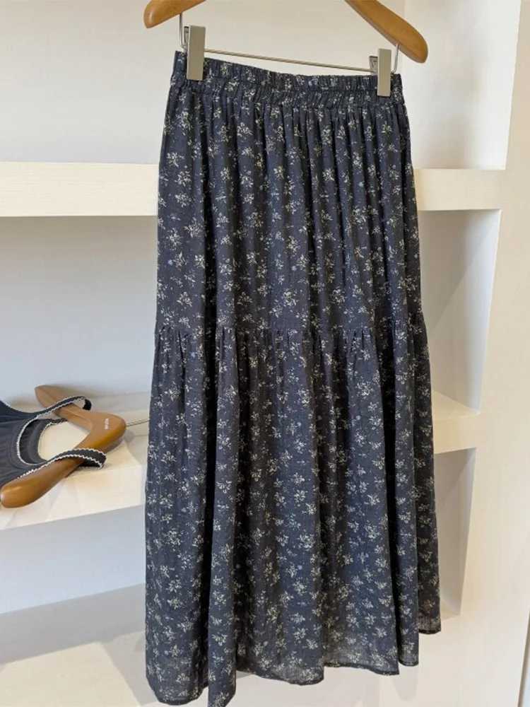 Early Autumn 2026 Women's High Waist Loose Fit Midi Skirt Cotton Linen Elastic Waist Vintage Style Sweet Countryside Style