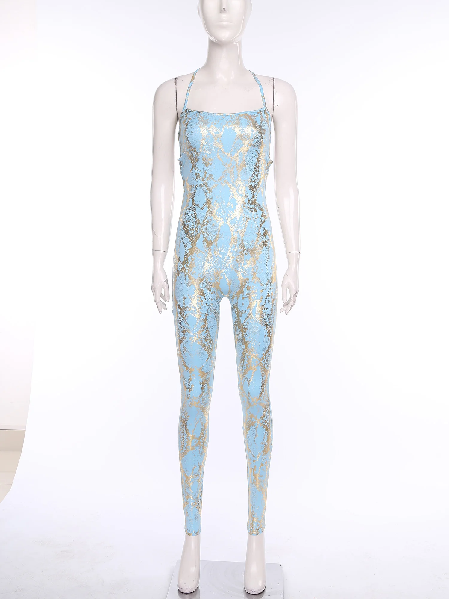 بدلة قفز نسائية لامعة معدنية بدون أكمام متقاطعة Strappy بدون ظهر بدلة ضيقة لليوجا والجمباز يوتار ملابس الحفلات والنوادي #3