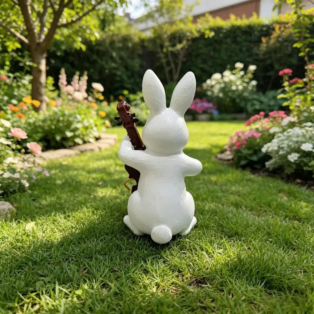 Cute Rabbit Figurine Outdoor Courtyard Sculpture Cute Rabbit Playing Violin Figurine Hand Painted Synthetic Resin for Garden