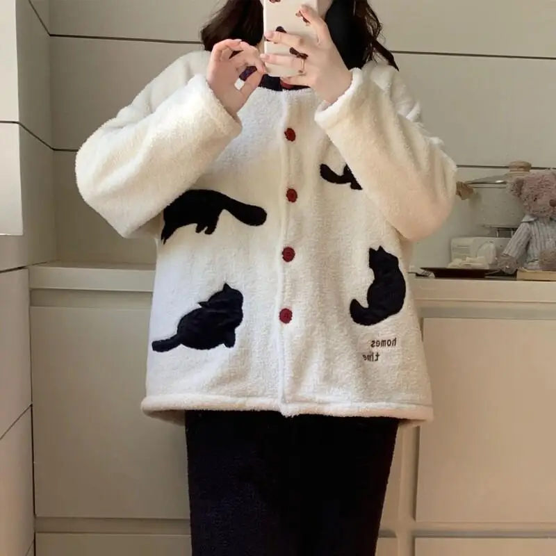 Nuevo Conjunto de pijama de lana Coral para mujer, ropa de dormir cálida y holgada de media pila, ropa de casa cómoda y cómoda de Color sólido para invierno