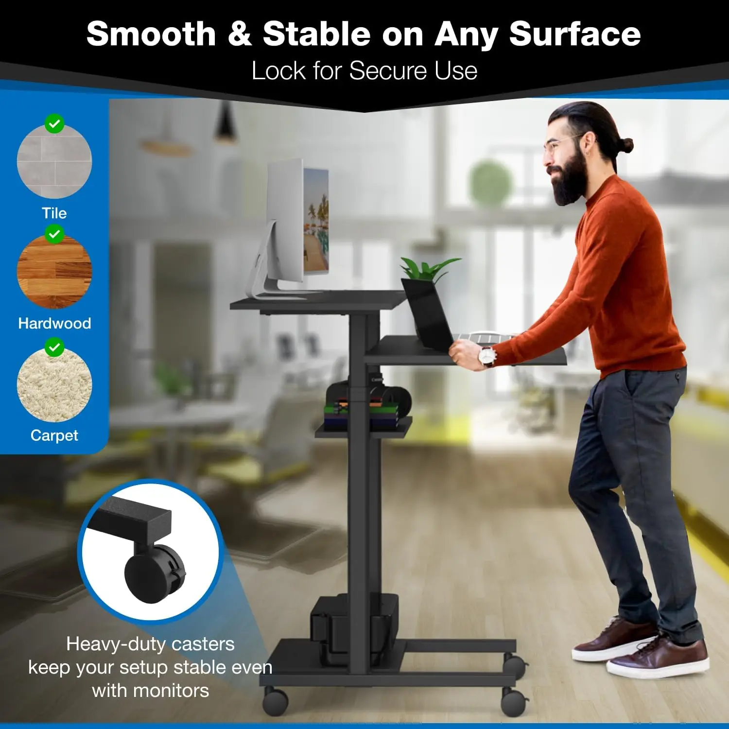 40フィートのローリングコンピュータデスク、高さ64フィートまで調節可能、マルチレベルの棚付きの座って立つワークステーション、ブラック