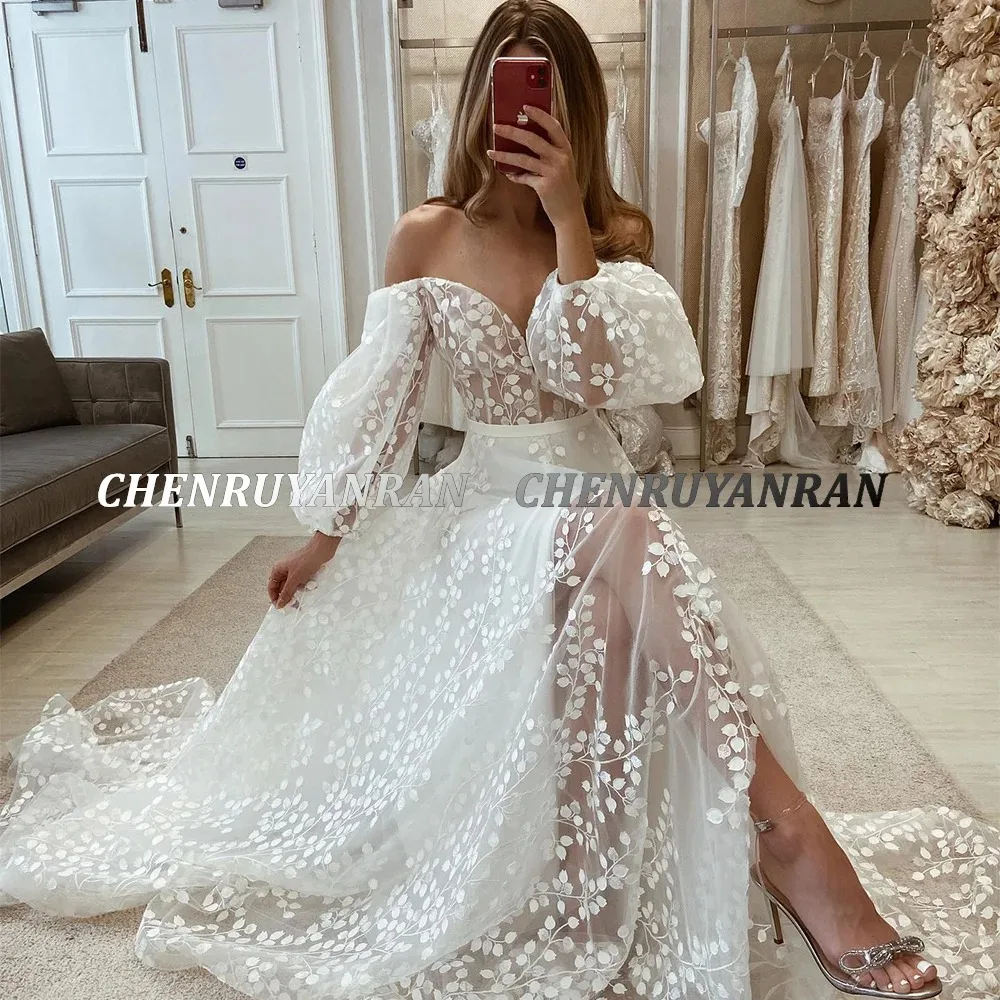 Long Wedding Dresses For Women 2024 V-Neck Off-Shoulder Sexy Wedding Gowns Ivory Boho Lace Elegant Bride Dress vestidos de novia