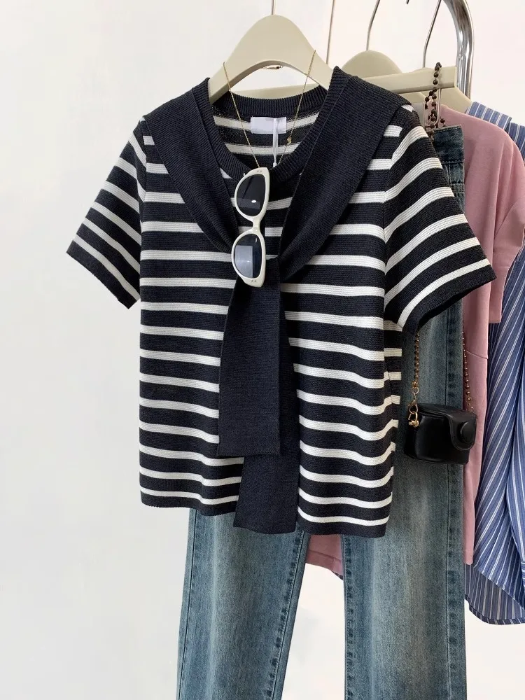 2025 verão novo manga curta malha topos design sentido nicho listra pulôver camiseta casual versátil solto topo