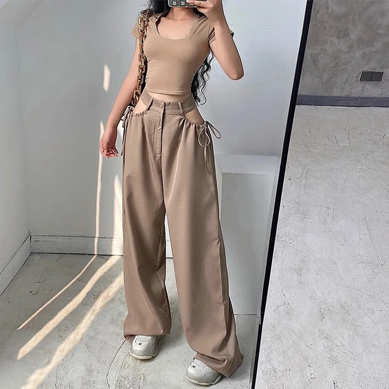 New Fall All-Match Drawstring Sexy Hollow Out Solid Color Trouser 2023 Summer Women High Waist Loose Thin Casual Khaki Pants