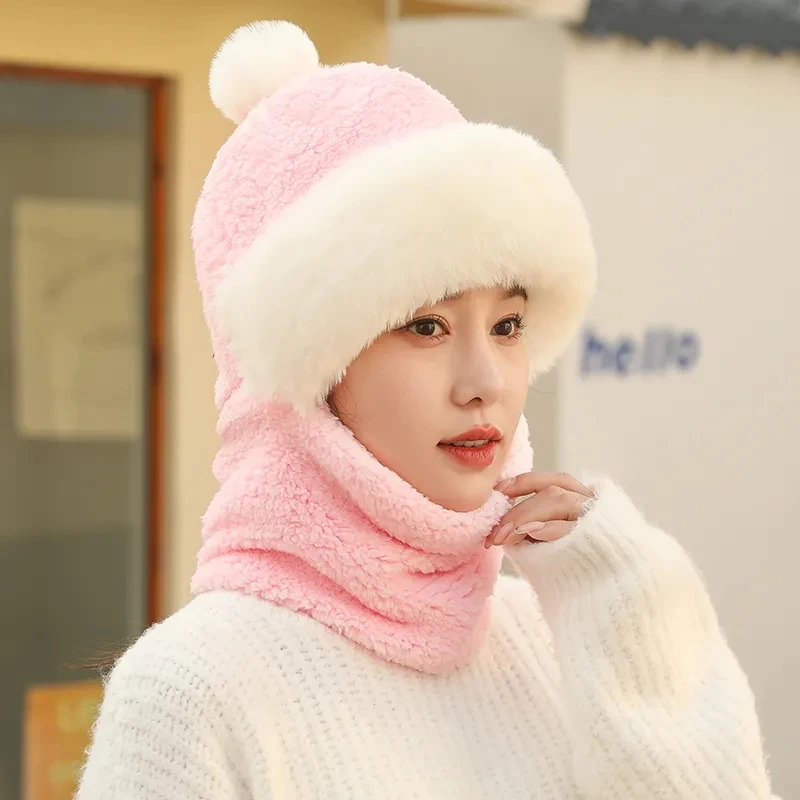 Winter Hat Ear Protection Windproof Outdoor Cycling Women's Korean Version Scarf Mask And One Piece Plush Thick Warm Female Hat