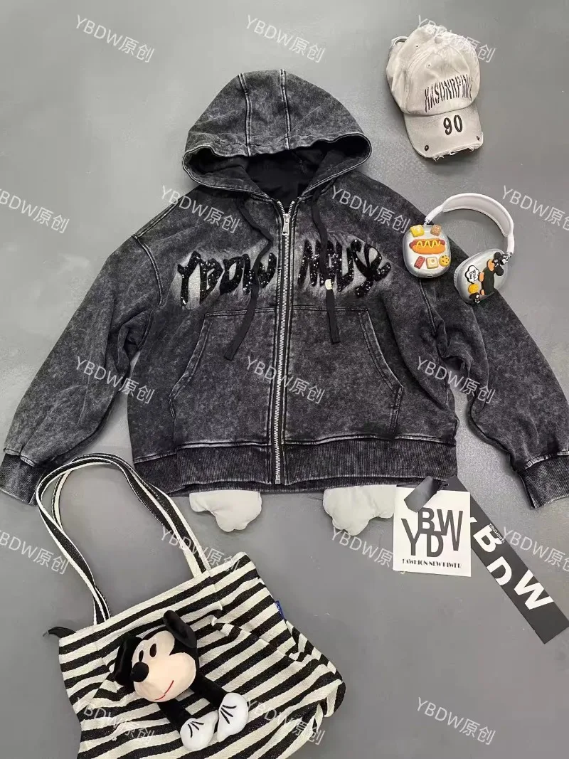 2025 New Autumn And Winter Hooded Fashion Heavy Industry Embroidery Cartoon Loose Sweatshirts Long Sleeves Zipper Jacket Female