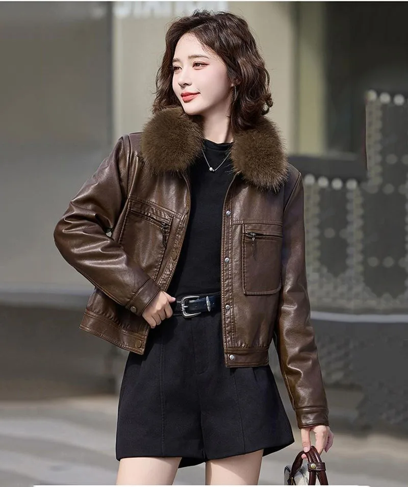 Womens Faux Fur Collar Jacket Faux Leather Jackets Down cotton Short PU Coat Autumn Winter Pockets Casual Biker Outerwear