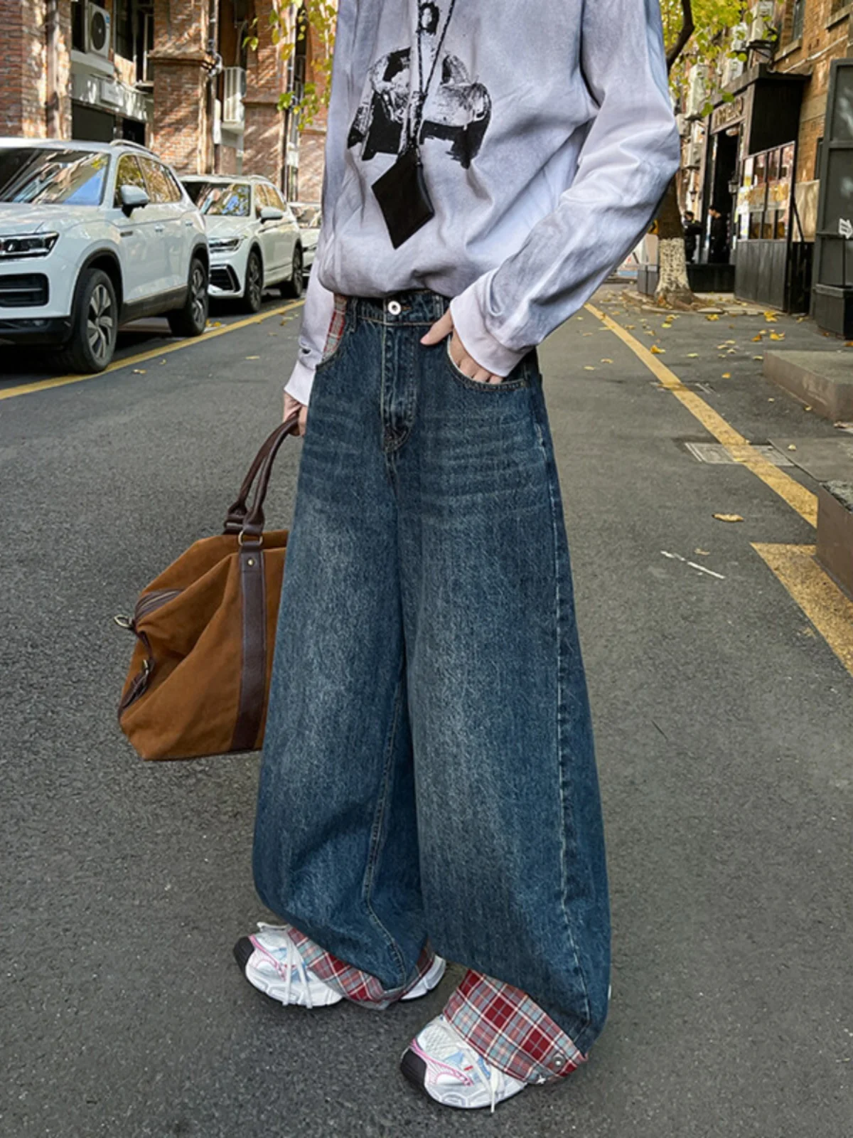 

Мужские джинсы в американском ретро-стиле в клетку, весенне-осенние, с отворотами, повседневные, прямого кроя, износостойкие, стандартного размера