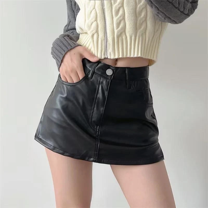 HI-FASHION PU Leather Short Skirt Women Vintage Harajuku Streetwear Female Black Sexy Split Slim High Waisted A-line Mini Skirts