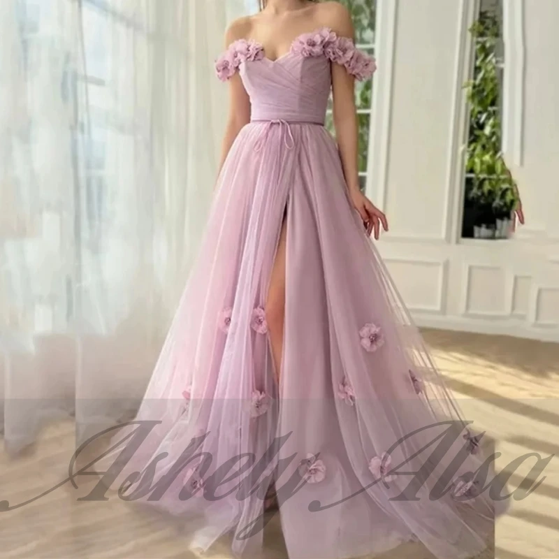 A2109 Eleganckie Liliowe Sukienki na Bal Maturalny Długie Odkryte Ramiona Kwiaty Marszczone Linia A Tiul Damskie Formalne Wieczorowe Suknie Ślubne na Przyjęcie Personalizowane
