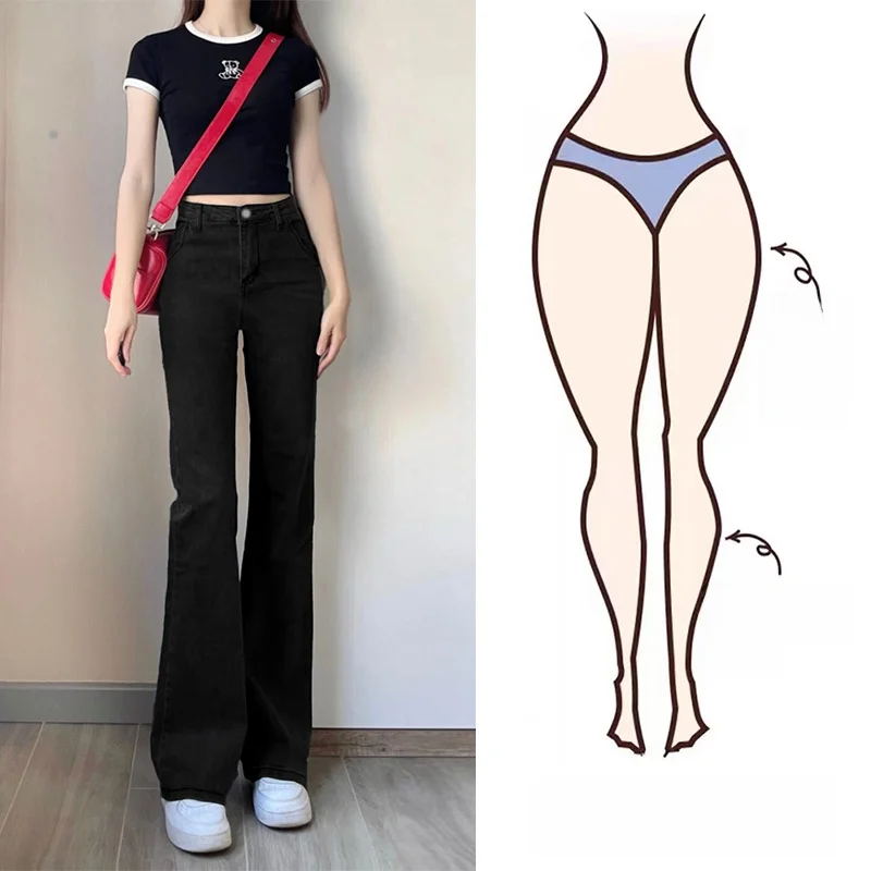 

Fleece Lined Flared Jeans Women's Spring Autumn plus Size Elastic Bell Bottom Long Trousers High Waist Zipper Closure Deep Color