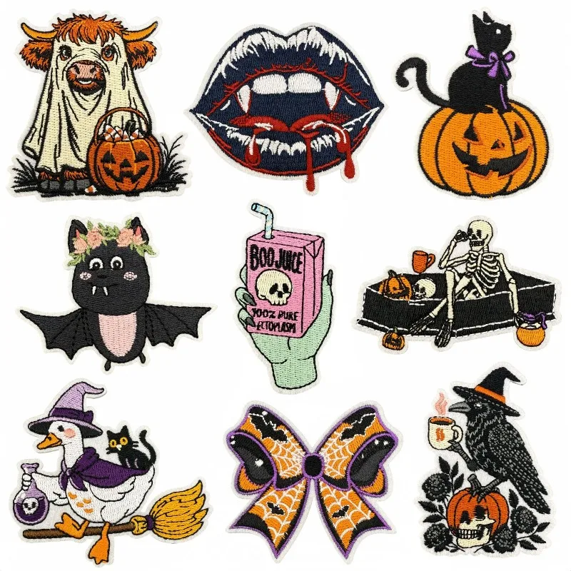 Halloween Cute Fun Skeleton Bat Cat and Pumpkin Sew Iron on Embroidery Patch Stickers for Clothes Jeans Hat Bags Car Bicycle
