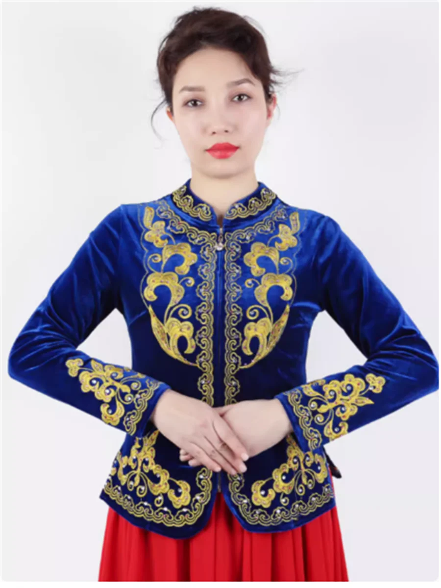 Chaqueta de baile China Xinjiang para mujer, Tops bordados de oro para escenario, Primavera, Uygur