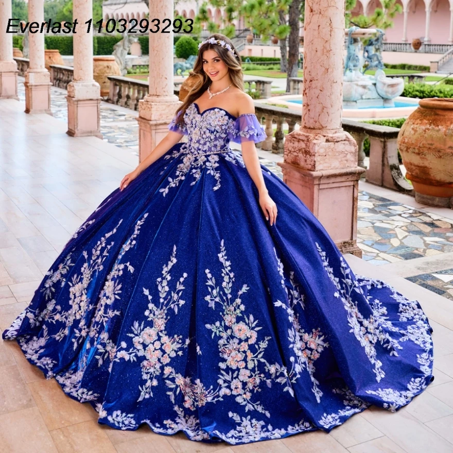 

EVLAST Glitter Royal Blue Quinceanera Dress Ball Gown 3D Floral Appliques Beading Mexican Sweet 16 Vestido 15 De XV Años TQD181