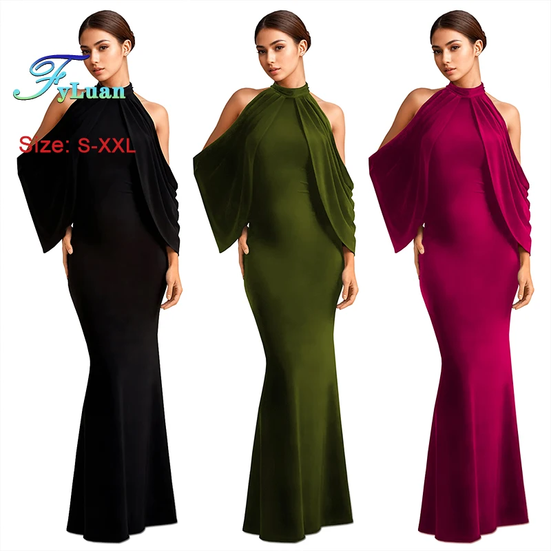 New Fashion Manica a pipistrello Abiti lunghi 2025 Donna Tinta unita O Collo con spalle scoperte Sirena Abiti da ballo per donna Abiti di compleanno