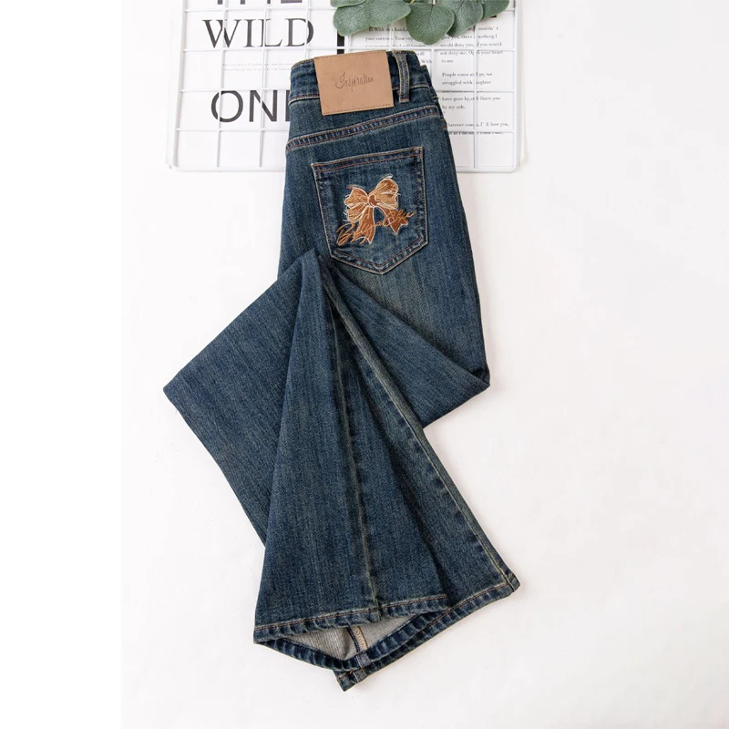 

High Waist Dra Denim Pants Embroidered Knot Slim Wide Leg Jeans for Women Autumn New Sle Retro Stitching