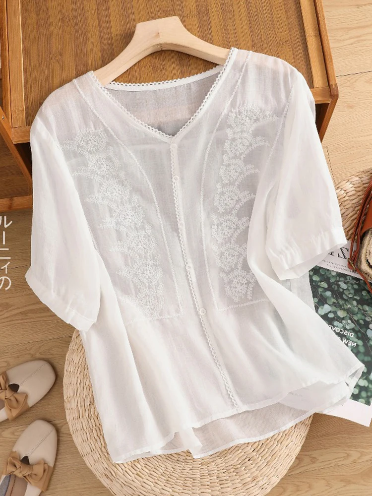 예술적인 버튼 장식 코튼 린넨 오르트 스웨이드 브이넥 불규칙한 밑단 순색 탑 여름 플러스 사이즈 여성용 셔츠