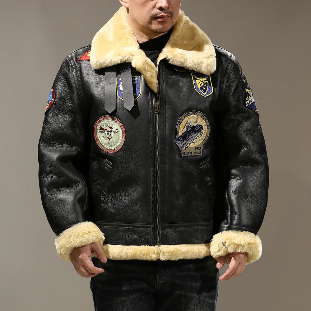 Winter super warm casual Navy Air Force B3 flight suit fur one men lapel multi label sheep shearling sheepskin leather coat tops