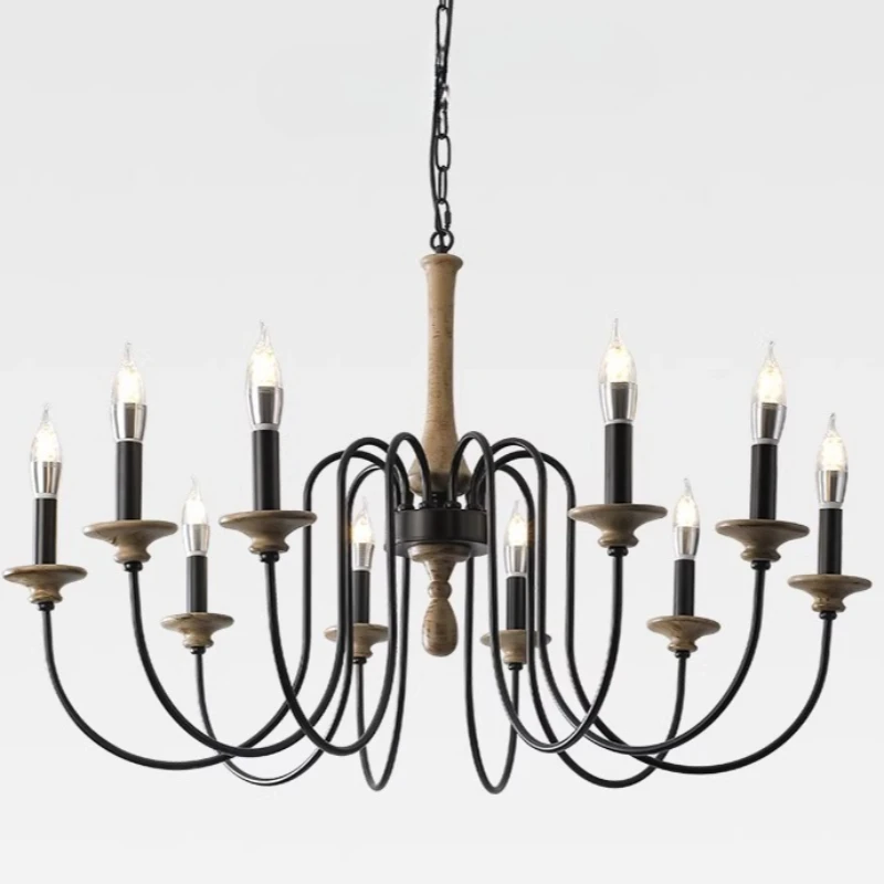 

American Black Wrought Iron LED Chandeliers Multi-head Candle Pendant Lights Living Room Restaurant Bedroom Hotel Hanging Lamps