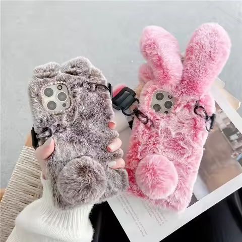 Neck Strap Cute 3D Rabbit Ears Fur Plush Phone Cases For OPPO Realme 14X C75 Reno 13 12 11 13F 12F 11F A5 Pro A3X Find X8 Cover