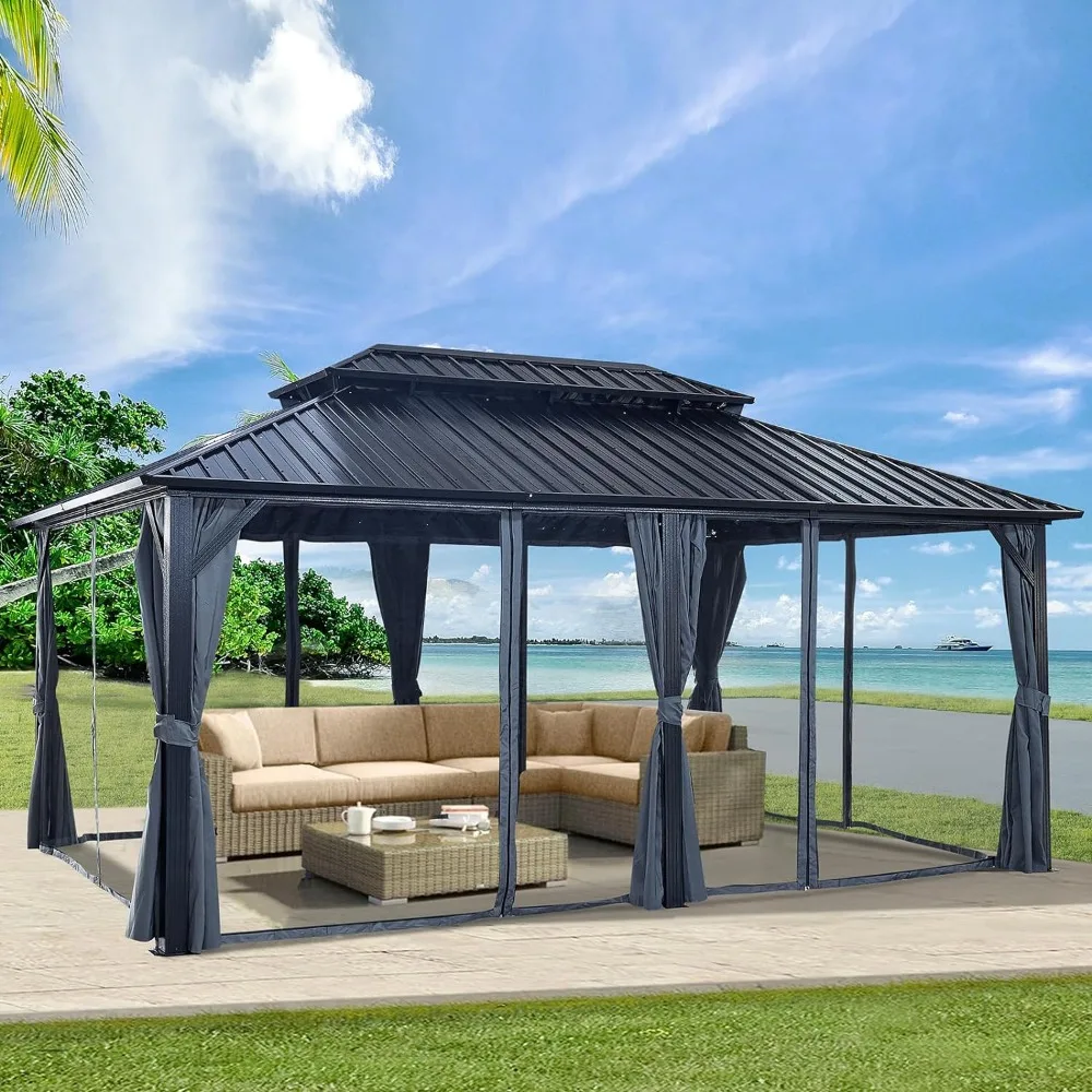 12 'x 18' hard top pavilion, heavy-duty galvanized steel metal double roof pavilion with curtains and mesh, for backyard use