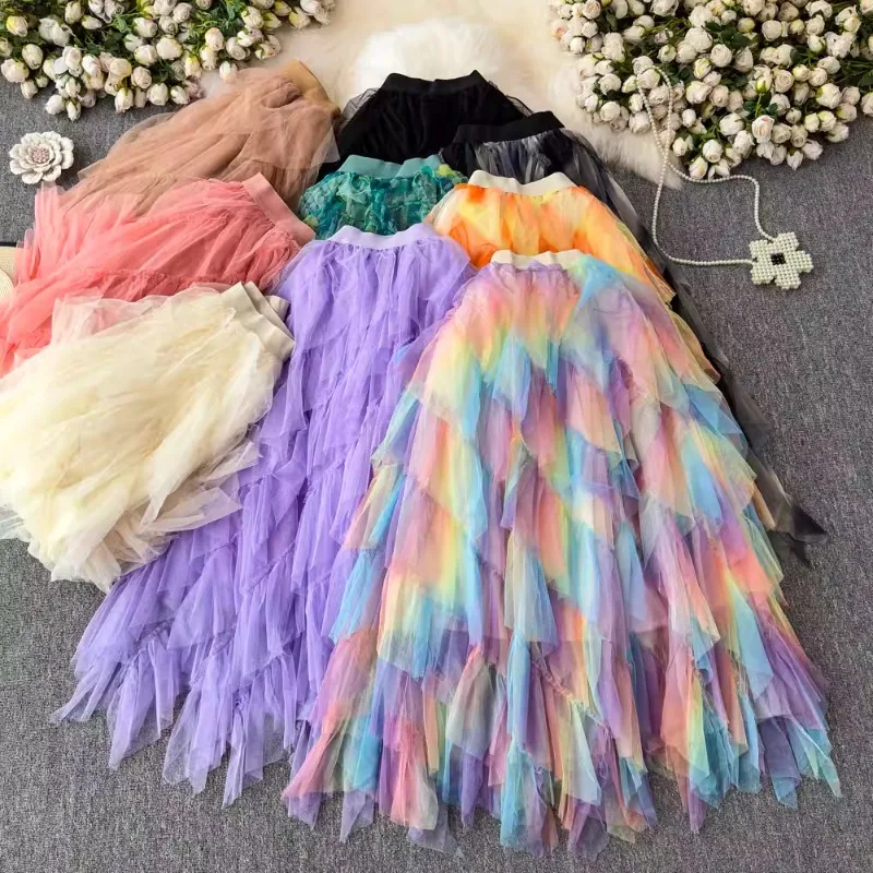 

Long A-line Multi-layer Cake Gauze Summer Puffy Midi Skirts Multi-color Academy Style