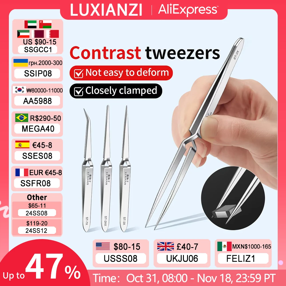 LUXIANZI Stainless Steel Reverse Tweezers Anti-Static Industrial Tweezers Acid Resistant Non-magnetic Precision Forceps Tools