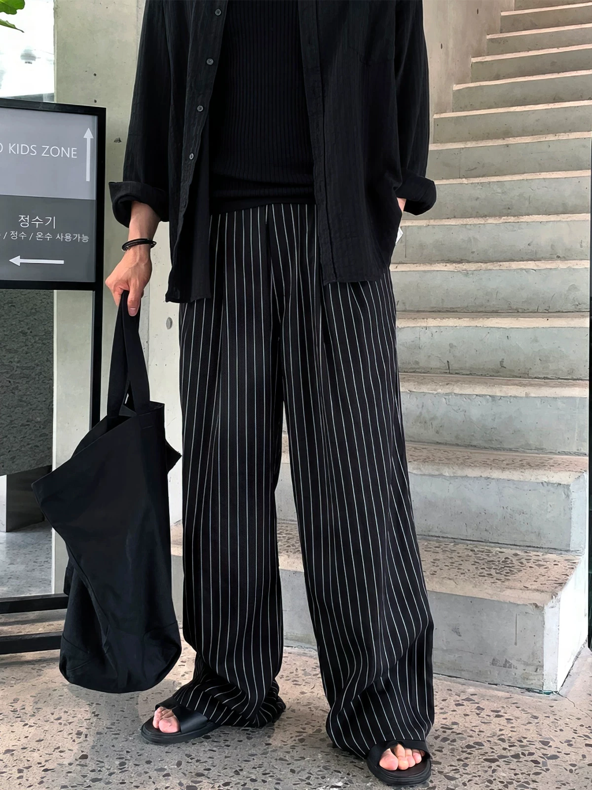 Men's Casual Striped Workwear Pants Loose Straight Leg No Ironing American Retro Commuter Suit Trousers Trendy Loose Fit