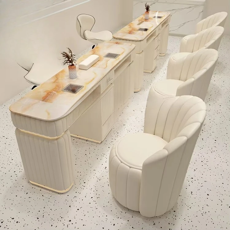 Luxury Marble Top Double Manicure Table Set With Lights, Dust Collector & Storage For Nail Salon Workstation